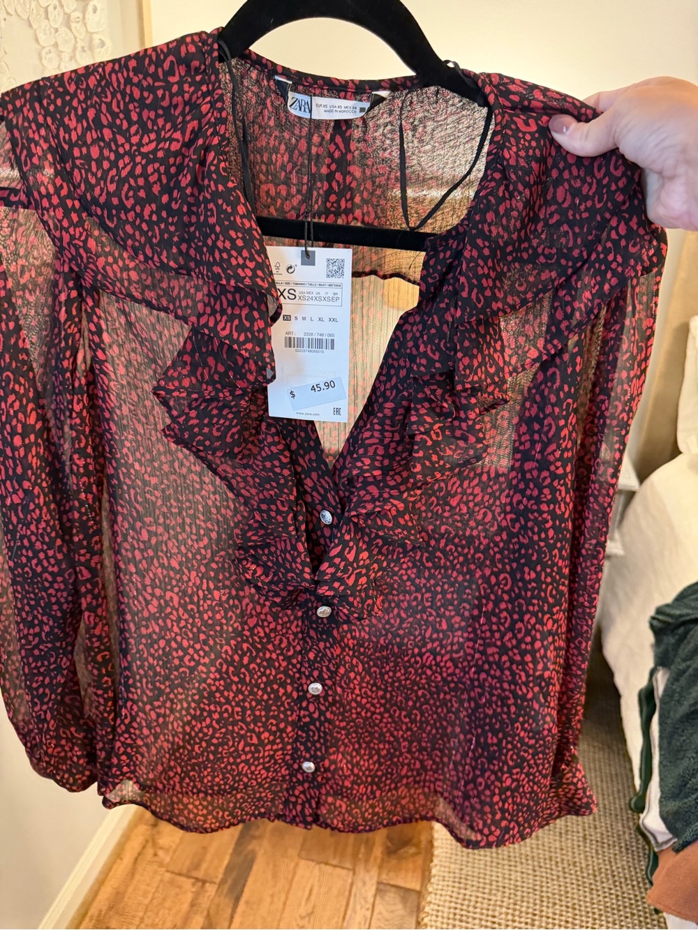 Zara Black Sheer Blouse with Red Animal Print and Ruffle V-Neck